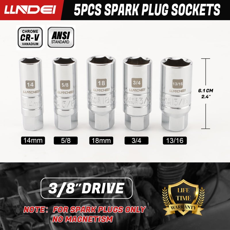 LLNDEI 3/8-Inch Drive Spark Plug Socket Set 7PCS  SAE & Metric  5/8-inch  3/4-inch  13/16-inch  14mm  18mm  CR-V Steel Mirror Finish Sockets with Rubber Retaining Rings  Universal Joint  Extension Bar - Image 2